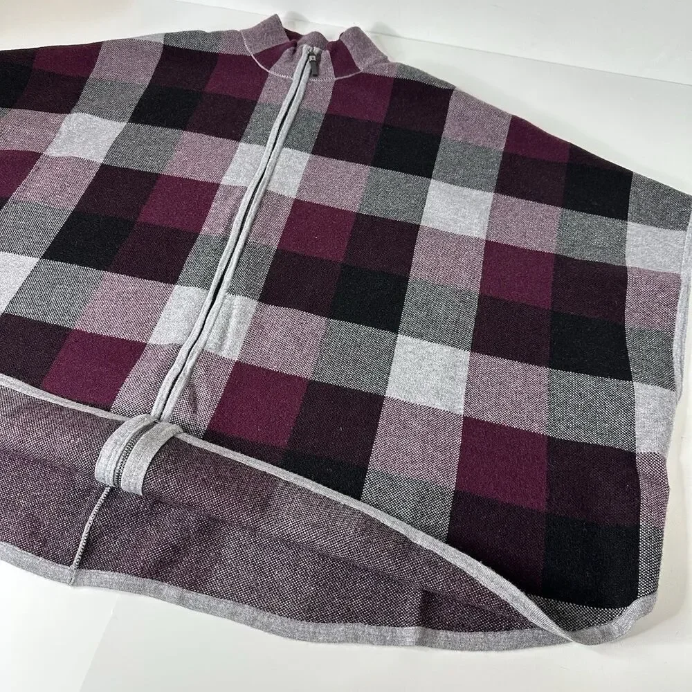 Tahari Plaid Zip Up Poncho Sweater Sz L XL Fall Stadium Game Layer Preppy Travel